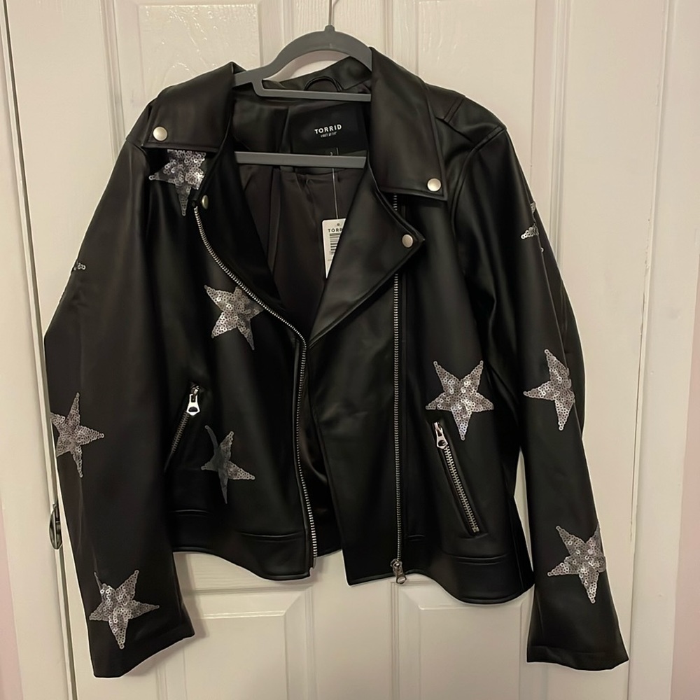 NWT Torrid size 3 faux leather moto jacket with sequin star detail.